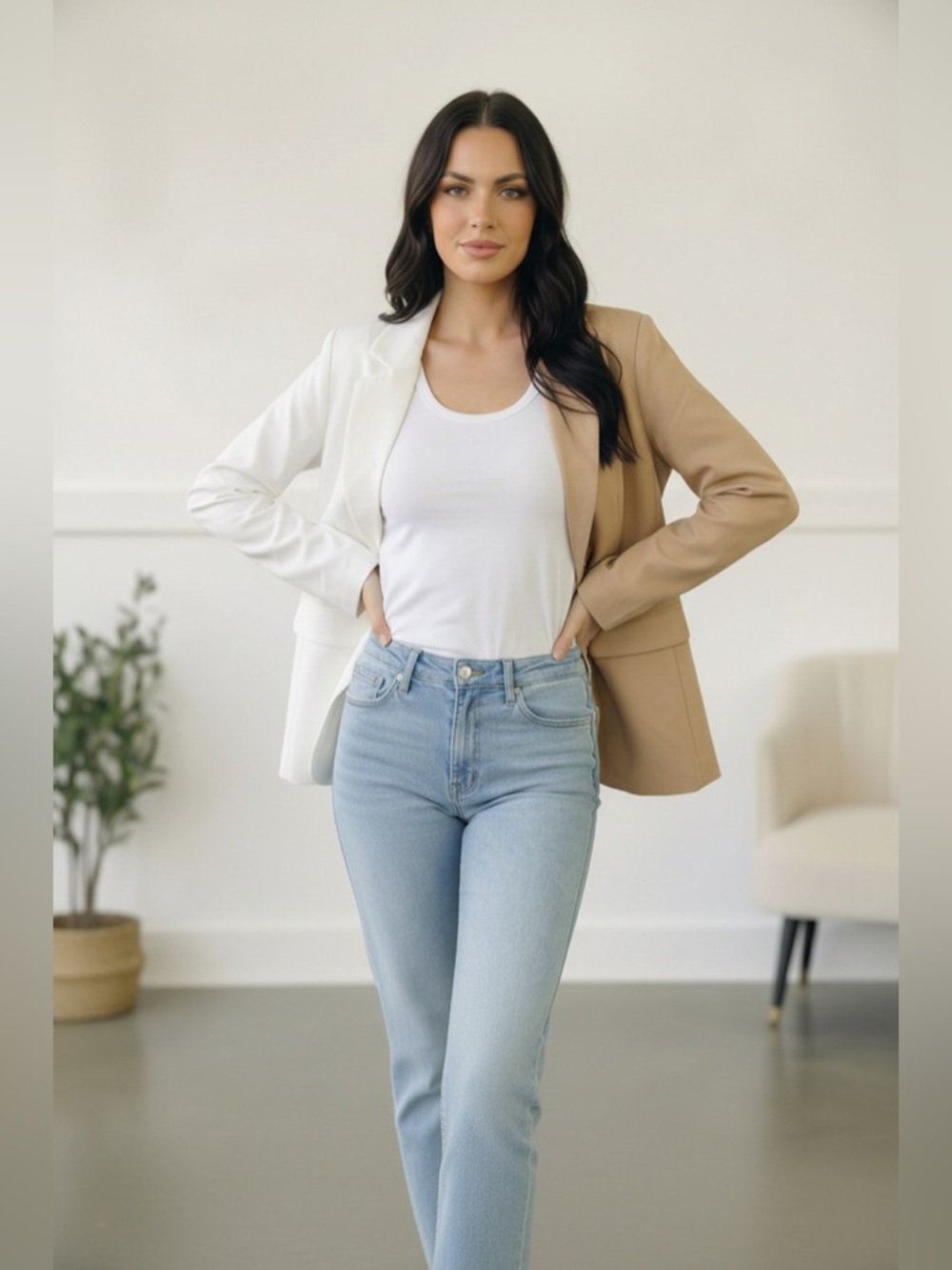 NWT [Haptics] Two-Tone Beige/White Button Lined Blazer Jacket Women’s 1X 2X 3X - Picture 2 of 12